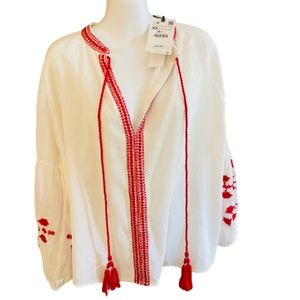NWT Zara Boho Cotton top XS Red embroidery details tassels